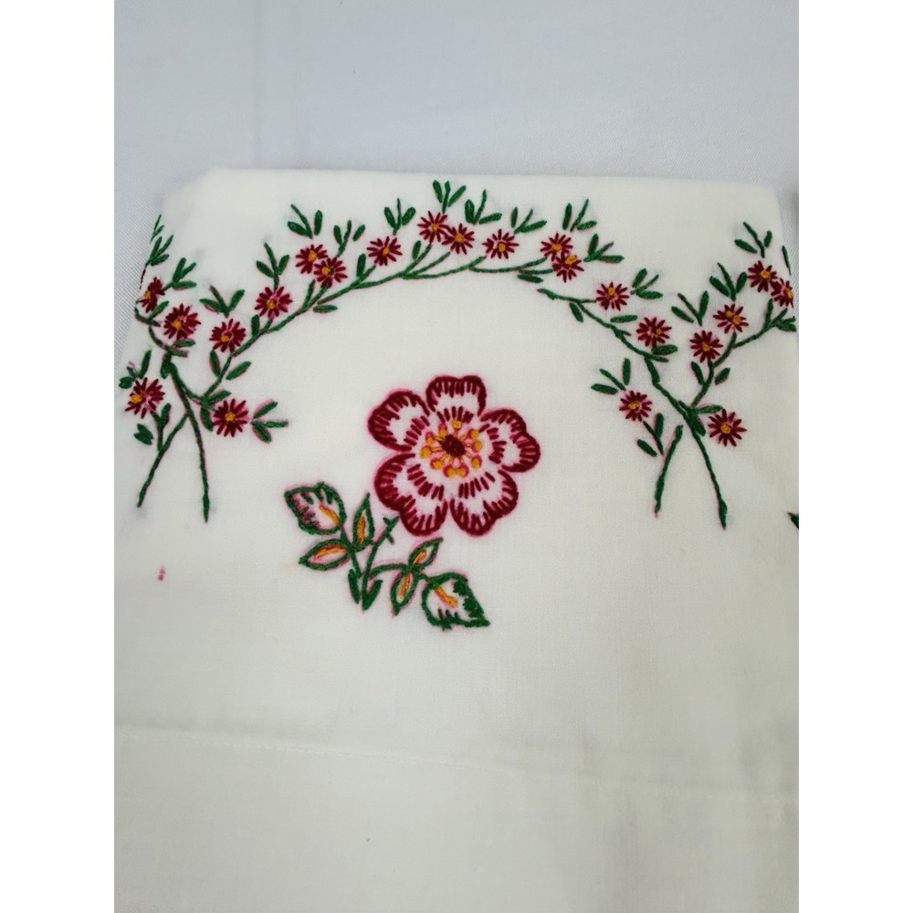 Vintage Cross Stitched Pillowcase White w/ Red Floral 30 x 20